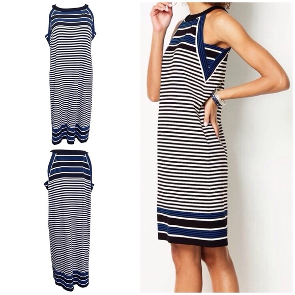 J. Jill Wearever Striped Halter Neckline Black Blue White Dress Large - Picture 11 of 11